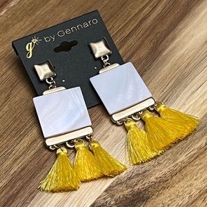 Fringe Tassel Earrings Square Faux Mother of Pearl Dangling Posts